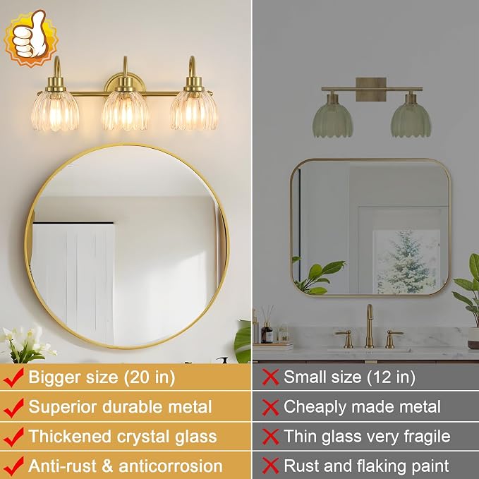 Bathroom Light Fixtures (3-Light, 20 Inch), Brushed Gold Vanity Lights for Bathroom with Ribbed Clear Tulip Glass Shade, Vintage Vanity Wall Lights for Mirror Bedroom Living Room Hallway