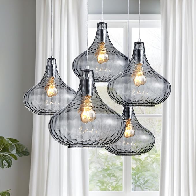 Hammered Glass Pendant Light 11" Industrial Farmhouse Ceiling Light | Smoke Gray Glass Shade, Chrome Finish, E26, Adjustable Hanging Light for Kitchen Island, Dining Room, Entrywayv