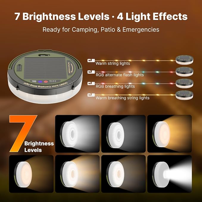 Solar Camping String Lights, 5400mAh/ 49.2FT/ 11 Modes Rechargeable Camping Lights Outdoor/Indoor, 4-in-1 Quick Storage Fairy Tent Lights Portable LED Lamp for Patio Yard Party Decor Essentials | Camping Lights Outdoor/Indoor, 4-in-1 Quick Storage Fair...