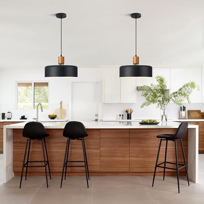 13.8" Black Pendant Light, Walnut Oak Wood & Brass Metal Drum Shade | Walnut Oak Wood & Brass Metal Drum Shade Pendant Light