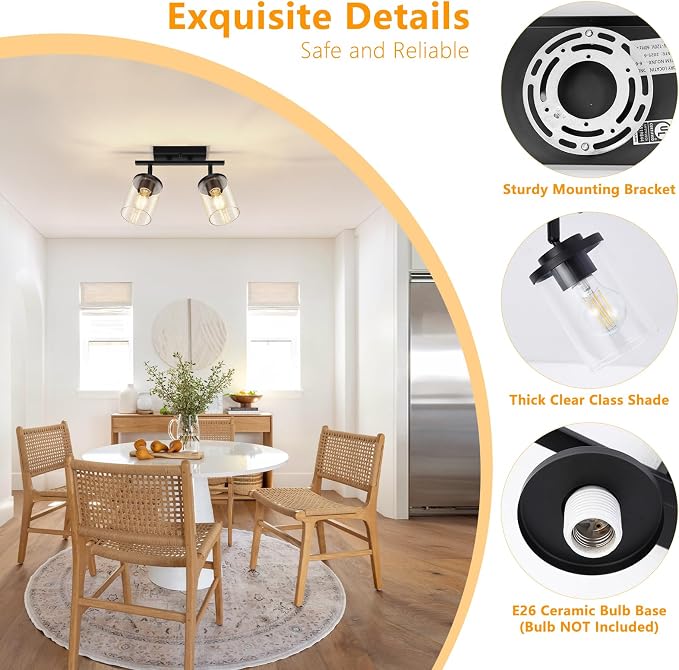FadimiKoo 2-Lights Semi Flush Mount Ceiling Light, Modern Black Kitchen Light Fixtures Ceiling with Clear Glass Shade, Multi-Directional Track Lighting Kit for Entryway Bathroom Bedroom