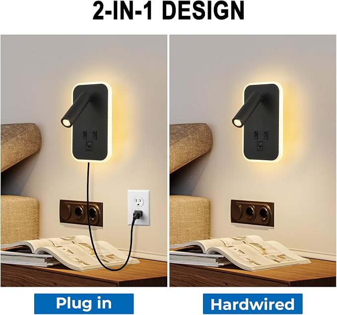 Wall Lamp with Wall Mounted Reading Lights,Modern Black Wall Sconce Plug in for Bedroom Living Room with Charging Station USB C+A Ports,Headboard Bedside Lamps with 3W+9W Night Light 3000K