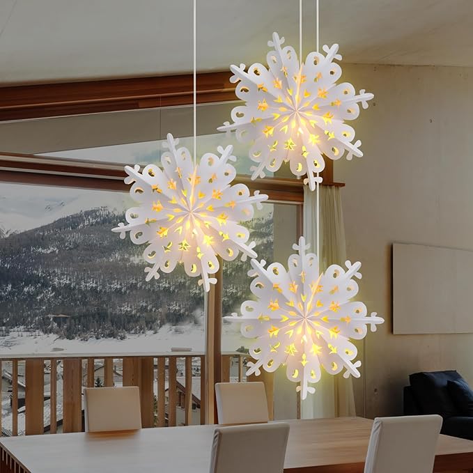 Mudder 3 Pcs Christmas Paper Snowflake Lanterns with 5 LED Light 23.6 Inch 3D White Hanging Snowflake Lamps Winter Party Hanging Decoration for Xmas Trees Holiday Winter Weddings Birthday Celebration