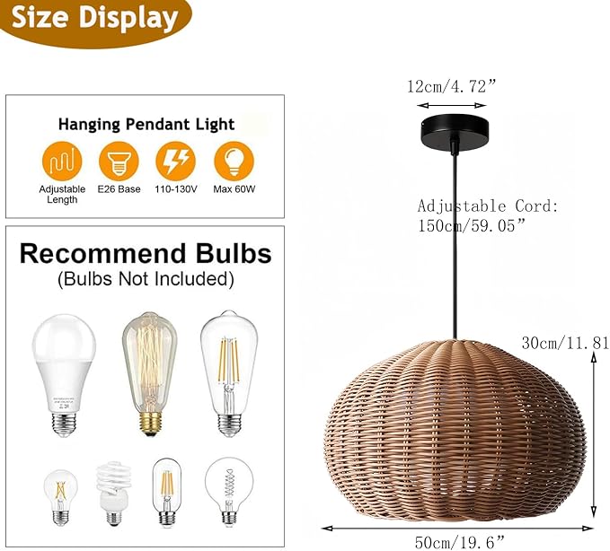 Large 19.6“ Rattan Chandelier Boho Wicker Pendant Lights Kitchen Island | Woven Chandeliers Rustic Farmhouse Ceiling Hanging Lamp Black E26 Adjustable for Dining Room Over Table Stairwell Cabinets