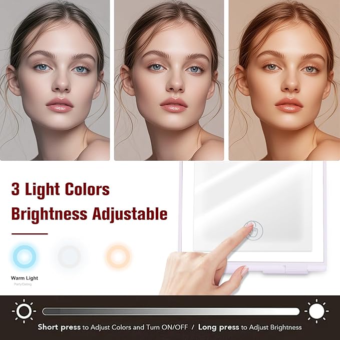 Travel Makeup Mirror with Lights Valentines Day Gifts for Her, Girlfriend, Wife, Birthday Gifts Rechargeable Portable Folding Compact LED Mirror Set with Tweezer 3 Color Light Modes-Purple