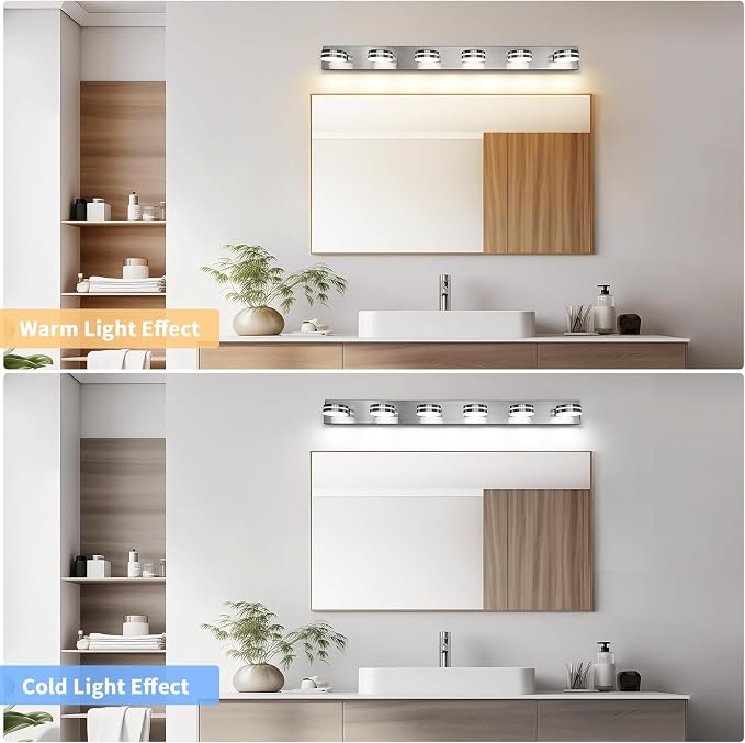 6 Light Brushed Nickel Vanity Light Fixtures, 47.24in 36W | LED Dimmable Bath Lights, Modern Wall Mounted Lighting Fixture with Rotating Lamp Head, Acrylic Metal, 5CCT Dimmable