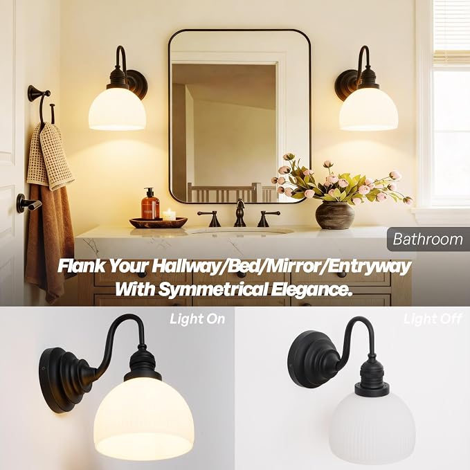 Black Wall Sconce Vintage Milk Glass Bathroom Vanity Light | Bathroom Light Fixtures,Matte Black,Thick Half-Round Glass Shade,Hardwired Only,E26 Base,for Bathroom Mirror Hallway