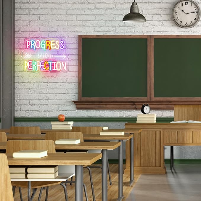 Progress Over Perfection Neon Sign, LED Neon Light Signs for Wall Decor Dimmable Inspirational LED Light Up Sign for Classroom Office Bedroom Library Study Room Kids Room Decorations