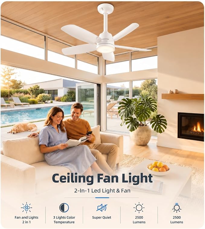 Ceiling Fan with Light, 28'' Flush Mount Low Profile Fan for Bedroom &Patio | Quiet Reversible DC Motor, 6-Speed, 3-Color Temp Dimmable LED Light with Remote & Timer, Indoor Small Ceiling Fan White