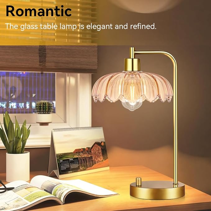 ILLMTW Glass Table Lamp Set of 2,Small Gold Bedside Lamps Dimmable Boho Bedroom Lamp with Tulip Flower Amber Lamp Shade,Vintage Mid Century Modern Mini Nightstand Lamp for Bedroom Living Room
