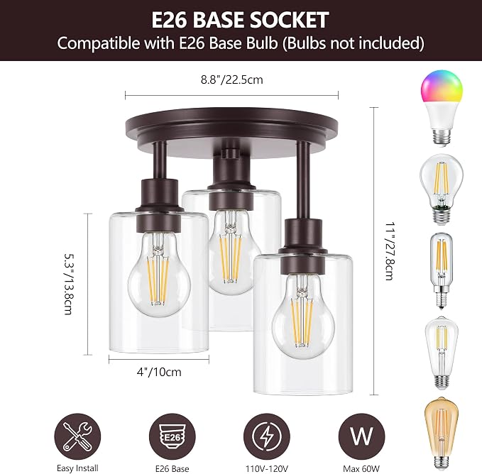 Semi Flush Mount Ceiling Light, 3-Light Close to Ceiling Light Fixtures, Vintage Oil-Rubbed Bronze Finish Kitchen Light Fixture with Clear Seeded Glass Shade Patriot Lighting for Entryway, 8.8"X11"