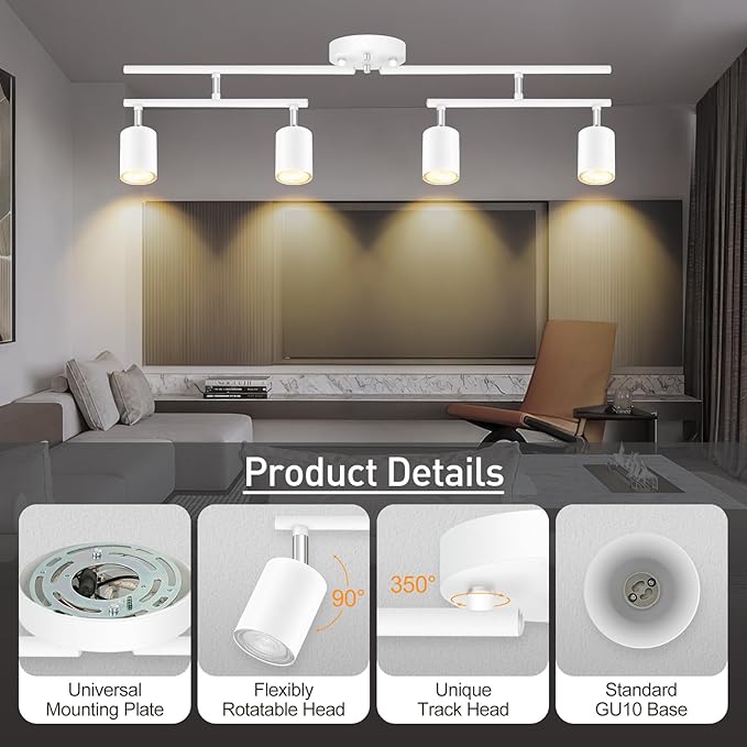 Track Lighting Fixture Ceiling, White Ceiling Light for Kitchen, 30" Modern 4 Light Track Lighting Kit, Wall Light Wireless, Spotlight with Rotatable Heads, LED Track Lights for Bedroom(NO Bulb)