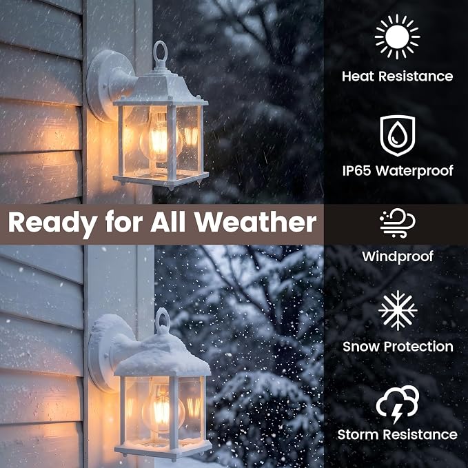 Outdoor Light Fixture, Classic Die-Cast Aluminum & Tempered Glass Porch Light for House, E26 Base (60W Max) Waterproof Wall Lantern for Front Door Garage Garden, ETL Qualified, White, 1 Pack