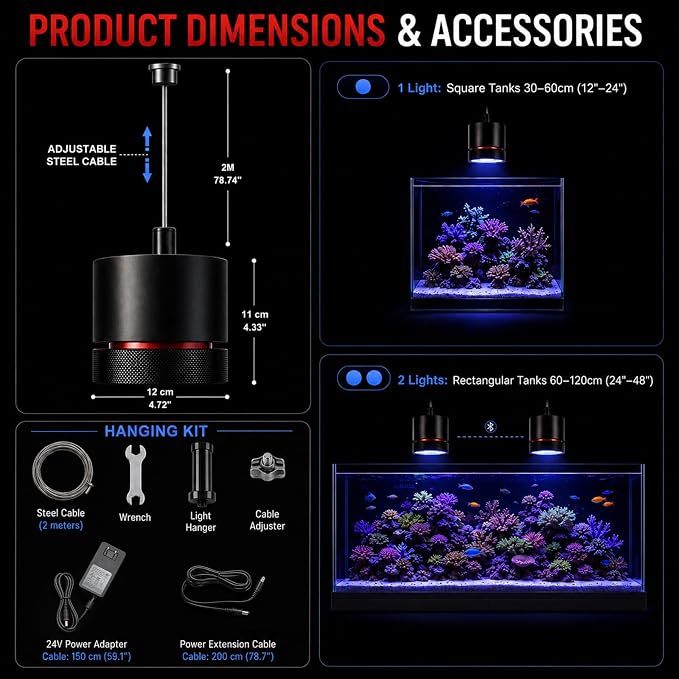 FZONE AXON 72W Reef Light, Saltwater Light with APP-Controlled 8-Channel and Master-Slave Group Control, Aquarium Marine led Light for SPS & LPS Corals, Marine Tanks, Fish Tank(Hanging Kit)