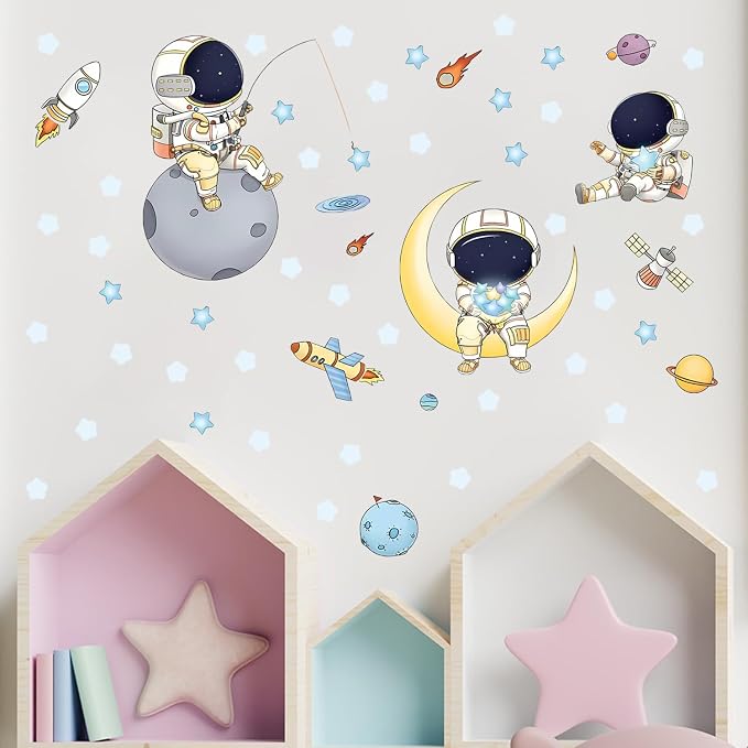 DIY Creativity Starry Sky Astronaut Night Light Stickers Cartoon Rabbit Wall Stickers Star Spaceship Night Light Stickers Room Decoration Wall Stickers (Astronaut Blue Light)