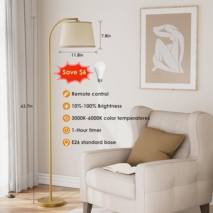 Karjoefar 64" 3 Color Dimmable Gold Arc Floor Standing Lamp with Remote | Floor Lamp with Adjustable Linen Shade, 350° H & 180° V Rotation, 9W Bulb, Floor Lamps for Living Room, Bedroom & Office