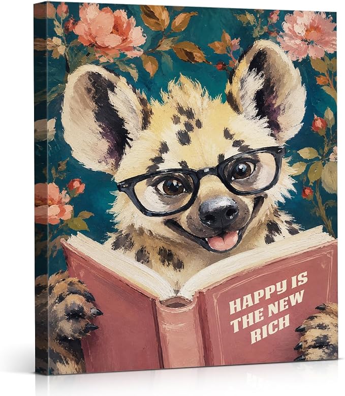 NSFBESSLIA Funny Reading Hyena Painting, Whimsical Vintage Animal Decor, Happy Is The New Rich, Cottagecore Wall Art for Living Room Bedroom Entryway, 8x10 Inch