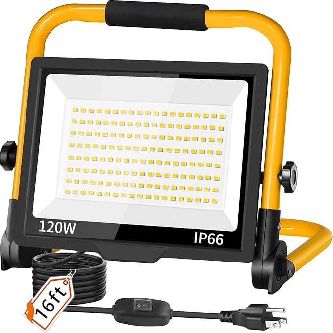 14400LM LED Work Light with 16FT Cord & Switch, IP66 for Garage Workshop | 120W Flood Light Plug in Outdoor, Portable Worklight with Stand, 5000K Daylight for Construction Job Site Car Repairing