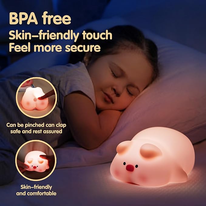 VTIGER Pink Pig Night Light, LED Squishy Cute Lamp,Night Light for Kids,Silicone Pig Light, Dimmable Girls Baby Bedroom Nightlight, Rechargeable Piggy Touch Lamp for Breastfeeding Nursery Decor