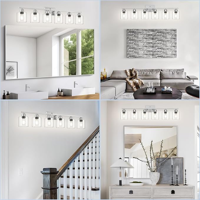Modern Brushed Nickel 6 Light Bathroom Light Fixtures,38 inch Vanity Lights for Bathroom with Clear Glass, Vanity Light for Mirror Kitchen Living Room Hallway Cabinet Porch