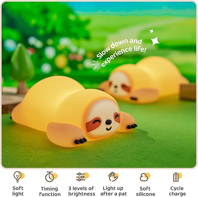 Cute Sloth Night Light, Squishy Sloth Novelty Animal Lamp, 3 Level Dimmable Nursery Nightlight with Timer, Food Grade Silicone Touch Night Light Fun Gifts for Kids Boys Girls Baby
