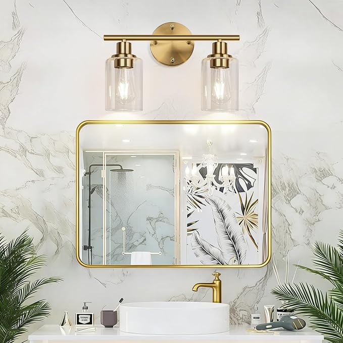 Zarbitta 2-Light Bathroom Light Fixtures, Brushed Gold Vanity Light, Modern Vanity Lights with Clear Glass Shade, Bathroom Wall Lamp for Mirror Kitchen Living Room Hallway Cabinet Porch