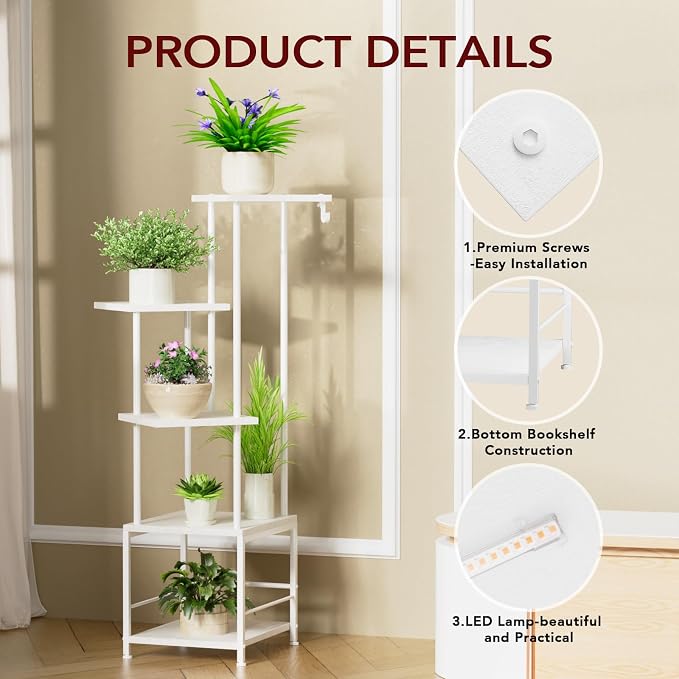 Plant Stand Indoor with Grow Light - 5-Tier Metal Plant Shelf with Hanging Basket Hook, Corner Tall Flower Holder for Multiple Plants, Living Room Balcony Garden Patio, White