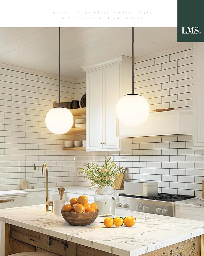 10 Inch Globe Pendant Lights, Matte Black Mid Century Kitchen Island Light Fixtures with White Globe Glass Shade, Adjustable Hanging Rod, Bar Kitchen Bedroom, LMS-186PL-BKW-10