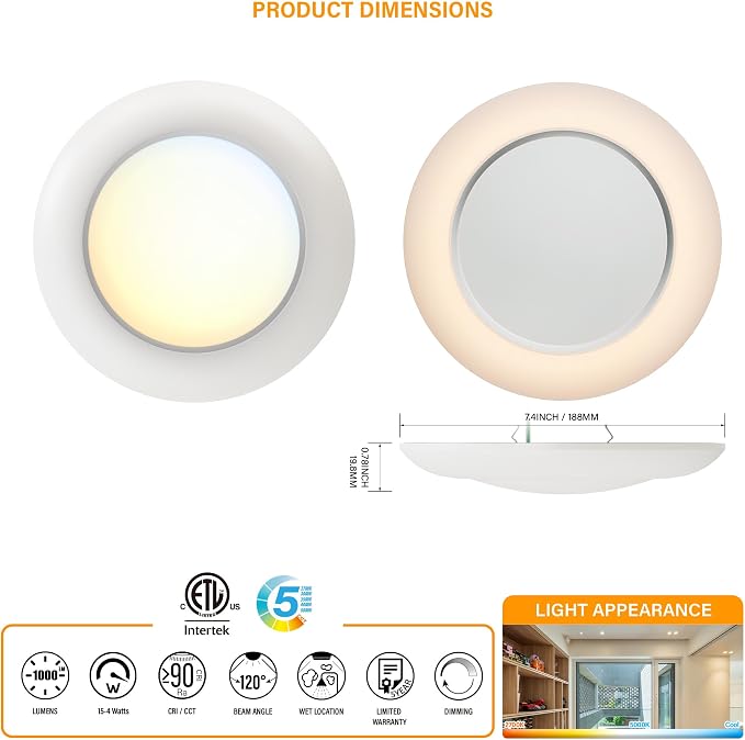 6 Inch LED Low Profile Disk Light with Night Light, 120VAC, 15W, 5CCT Color Changing, 1000LM, Dimmable, ETL, Shower Wet Rated Screw in Flush Mount Ceiling Light, White/8 Packs