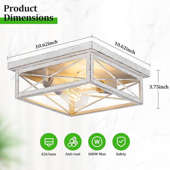Antique White Hallway Light Fixture, 2-Light Farmhouse Flush Mount Ceiling Lighting, 1-Pack Metal Kitchen Lighting Fixture, Square Close to Ceiling Lamp for Bedroom Living Room Entryway