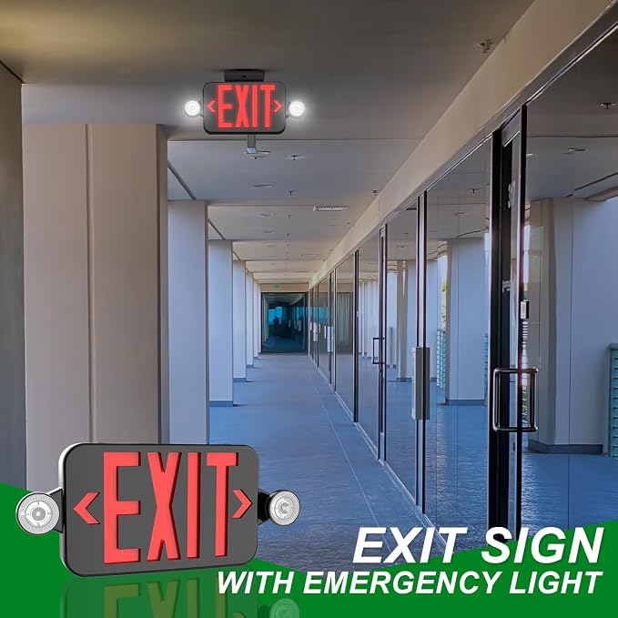 LED Exit Sign with Emergency Lights Dual LED Exit Light,Battery Backup | Two Bright LED Adjustable Heads Emergency Exit Lights, Hardwired Dual LED Combo Exit Lamp. ABS Fire Resistance UL, Red