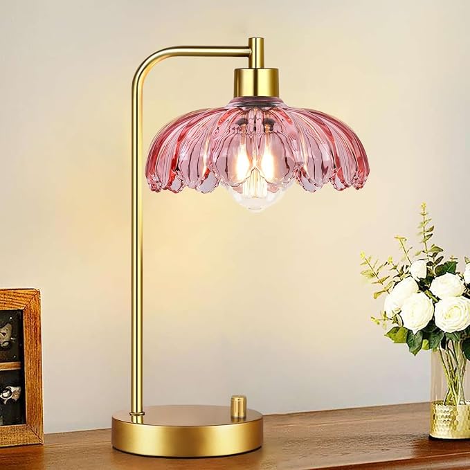 ILLMTW Pink Table Lamp Set of 2,Small Gold Bedside Lamps Dimmable Boho Bedroom Lamp with Tulip Flower Glass Lamp Shade,Vintage Mid Century Modern Mini Nightstand Lamp for Bedroom Living Room