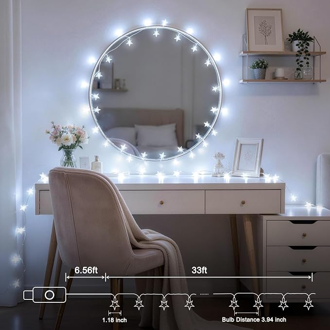 JMEXSUSS 100 LED Star String Lights USB Plug in, 33Ft White | Star Fairy Lights with Remote, Waterproof Hanging String Lights Indoor for Bedroom Classroom Tent Loft Bed Dorm Decor