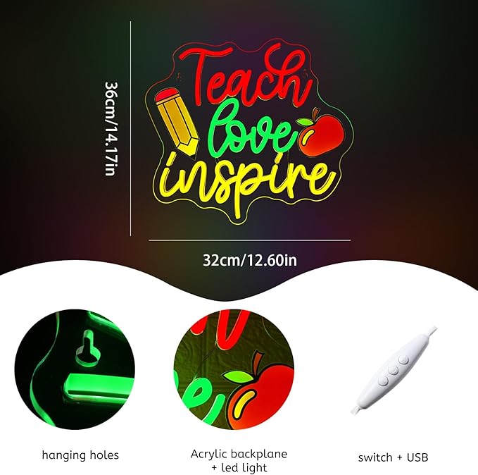 WLHOPE Teach Love Inspire Neon Sign Led Signs for Classroom Wall Decor Neon Lights Acrylic Board Sign for Study Room Bedroom Teacher'S Day Gift Decoration