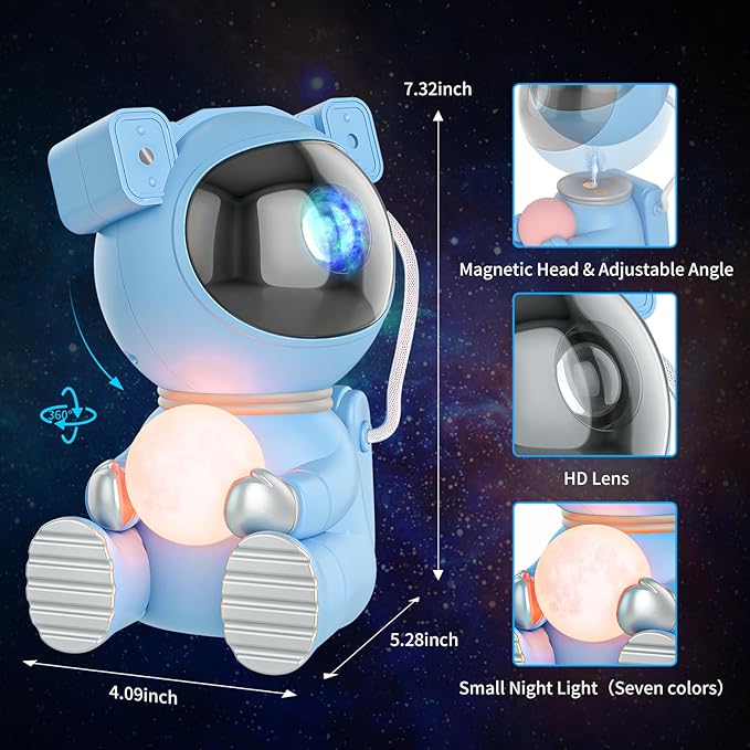 Cayclay Astronaut Galaxy Projector, Remote & Timer Night Light, Blue Pro | 360° Magnetic Adjustable Head, Auto-Off Timer, Remote Controllable LED Lamp, Dimmable Multi-Color Night Light For Home Decor
