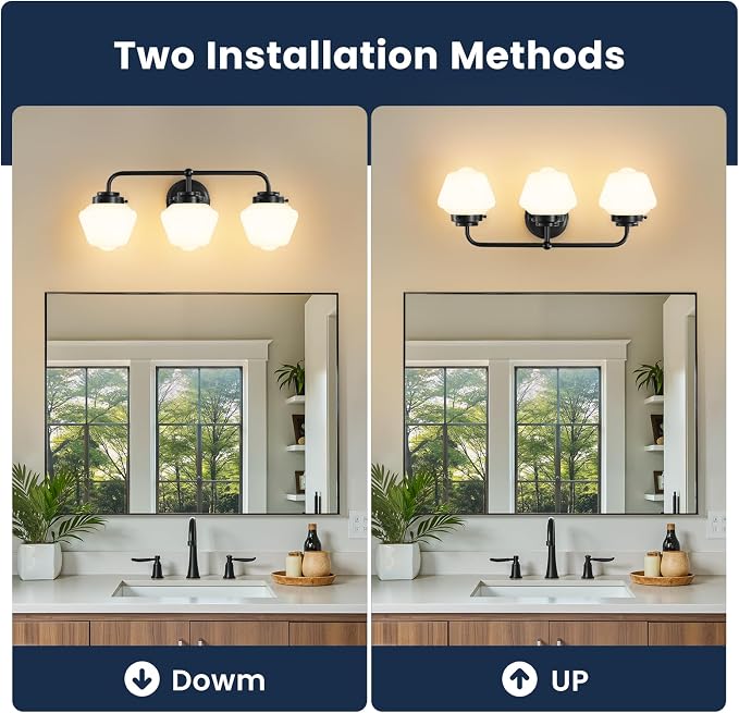 RUIYEY Bathroom Vanity Light Fixtures: 3-Light Black Vanity Lights for Bathroom Over Mirror, Farmhouse Wall Sconce Lighting with Frosted Milky Glass for Kitchen (Exclude Bulb)