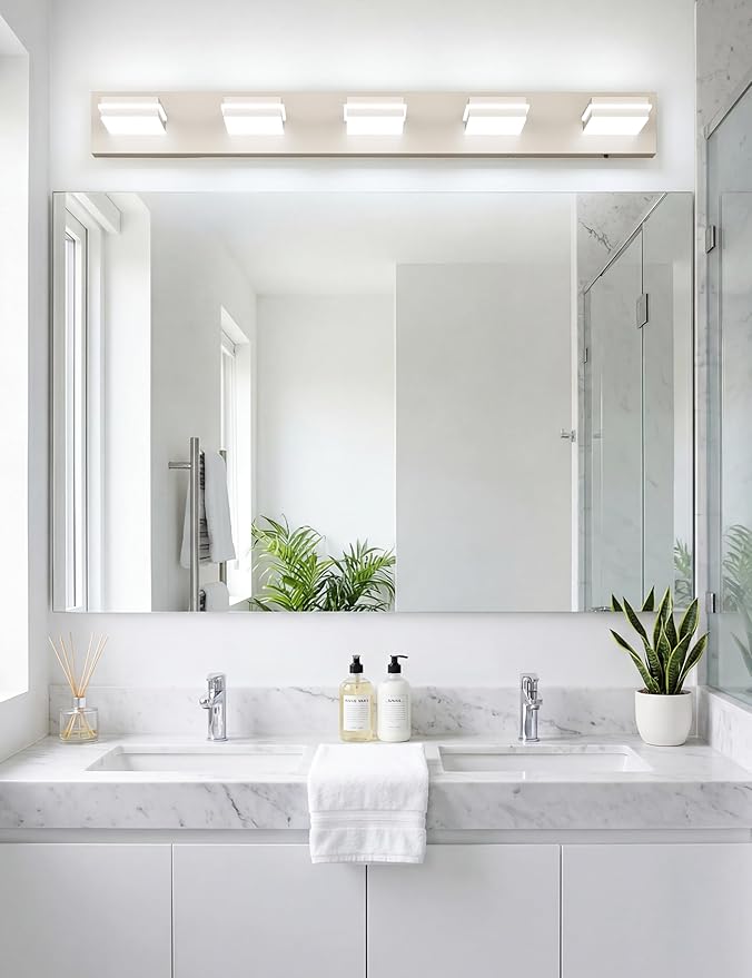 VOLISUN Modern Bathroom Vanity Light Fixtures (5-Light, 40-Inch), Brushed Nickel LED Bathroom Light Fixtures Over Mirror, 360°Rotatable Head, LED Vanity Lights for Bathroom (Cool White 6000K)