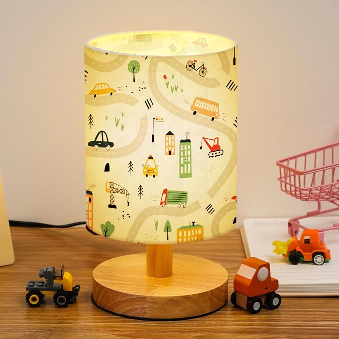 Transportation Kids Table Lamp for Bedroom Kids Bedside Lamp with Linen Wooden Nightstand Cartoon Nursery Lampshade for Girls Boys Living Room