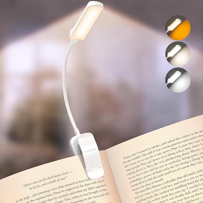 Glocusent 13 LED Book Lights for Reading at Night, Gifts for Book Lovers | Rechargeable Eye-Caring 3 Amber Colors Stepless Dimming, Travel Clip-on Lamp, Christmas Stocking Stuffer Reader Men Women Kid