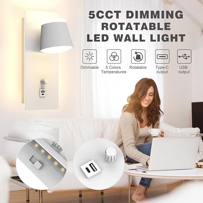 Dimmable LED Wall Sconce with USB&C Ports-5 Color Temperature (2700K-6000K) Plug-in Bedside Reading Light,Up&Down Wall Mounted Lamp for Bedroom,Living Room,Hallway-Modern Home Decor (1 Pack)