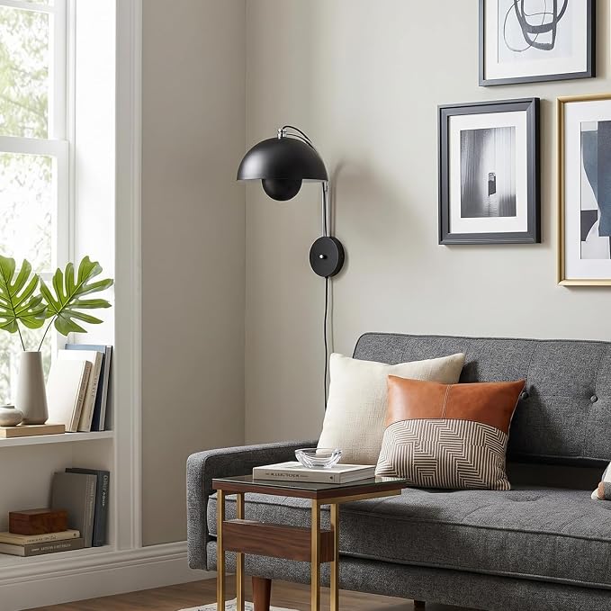Mid-Century Modern Bud Plug in Wall Sconces for Bedroom, Glossy Black | Indirect lighting reading wall lamp, all-metal construction, plug-in or hardwired install, fits bedroom bedside, living room