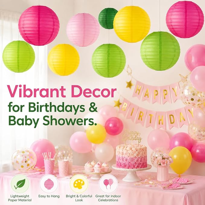 12 Pcs Paper Lanterns Party Decorations, 8 and 10 in Hanging Round Lantern Lamps for Luau, Flamingo, Summer Hawaiian Birthday, Party Decor (Dark Green, Hot Pink, Grass Green, Pink, Yellow)