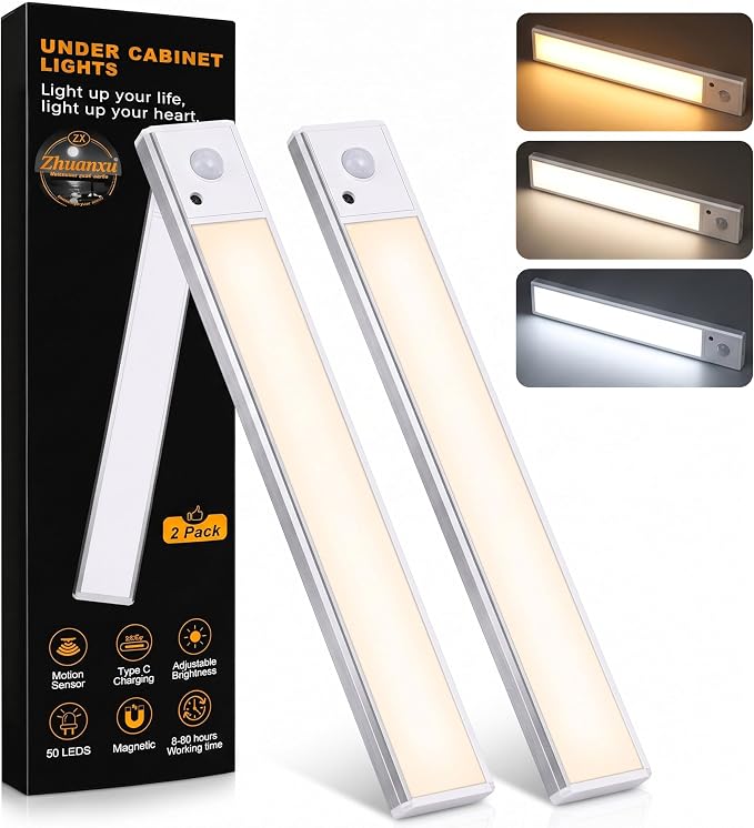 Zhuanxu 12inch Under Cabinet Lighting Wireless, Closet Light, Rechargeable LED Motion Sensor Indoor, 3 Color Temps&4 Modes Kitchen Light, Long Lasting, Stick-On Magnetic Led Lights for Bedrooms, 2PC