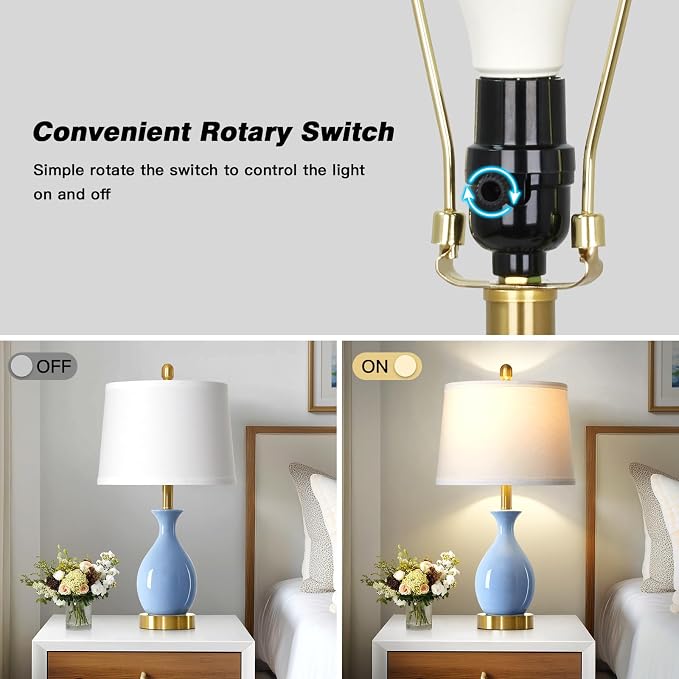 24″ Light Blue Ceramic Table Lamp for Living Room, Modern Classic Bedside Lamp for Nightstand, Small Table Lamp for Bedroom End Table (1 Pack)