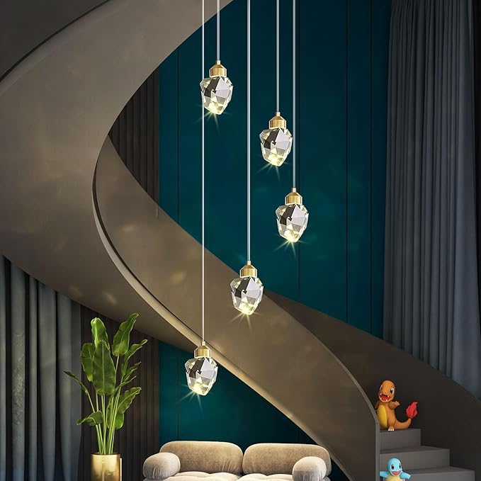 Modern Crystal Pendant Light, 3-Color LED Gold Ceiling Hanging Lamp, for Kitchen Island Bedroom Living Room Dining Room Lighting (5-Head Round Base)