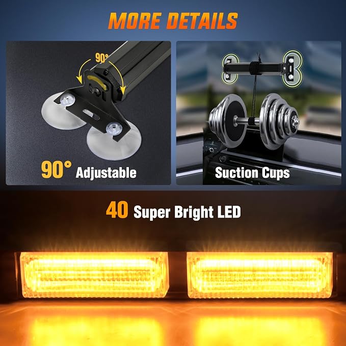 Nilight 40LED Amber Emergency Strobe Traffic Advisor Light Bar with Suction Cups Dash Safety Warning Hazard Flashing Lights Interior Front/Rear Windshield for Trucks Construction Vehicles | with Suction Cups Dash Safety Warning Hazard Flashing Lights I...