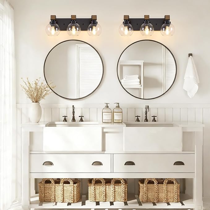Farmhouse Bathroom Light Fixtures, 3-Light Rustic Wood Bathroom Lights Over Mirror with Glass Globe Shades, Matte Black Wall Mounted Lamp Vanity Lights for Bathroom Bedroom Living Room Cabinet