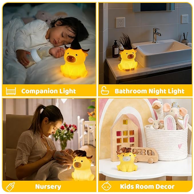 Amaredom Highland Cow Night Light, Cute Cow Lamp, Silicone Dimmable Nursery Nightlight, Rechargeable LED Bedside Lamp with 20 Minutes Timer & Tap Control Baby Girls Women Bedrooms, Living Room