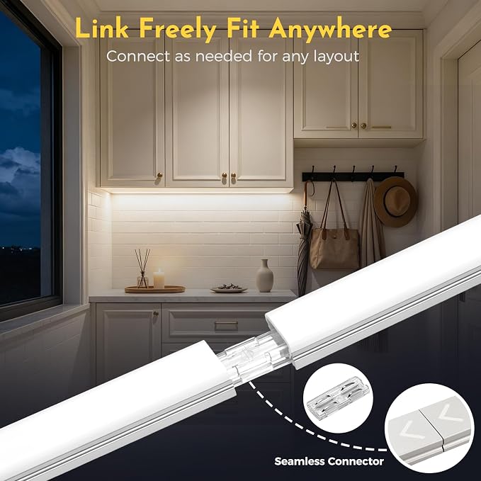 V4light Under Cabinet LED Lighting Bars, 6Pcs Silver, Plug-in, Dimmable | 0.3in Ultra-slim aluminum bars with touch dimmer & remote, 2700K–6500K adjustable, ideal for closet, shelf & display cabinet