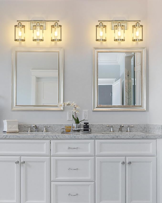 3-Light Brushed Nickel Bathroom Light Fixtures, 21 Inch Modern Bathroom Vanity Lighting Fixtures Over Mirror with Clear Glass and Metal Cage Wall Sconce Lights for Bath, E26, OS-3014BN-3W